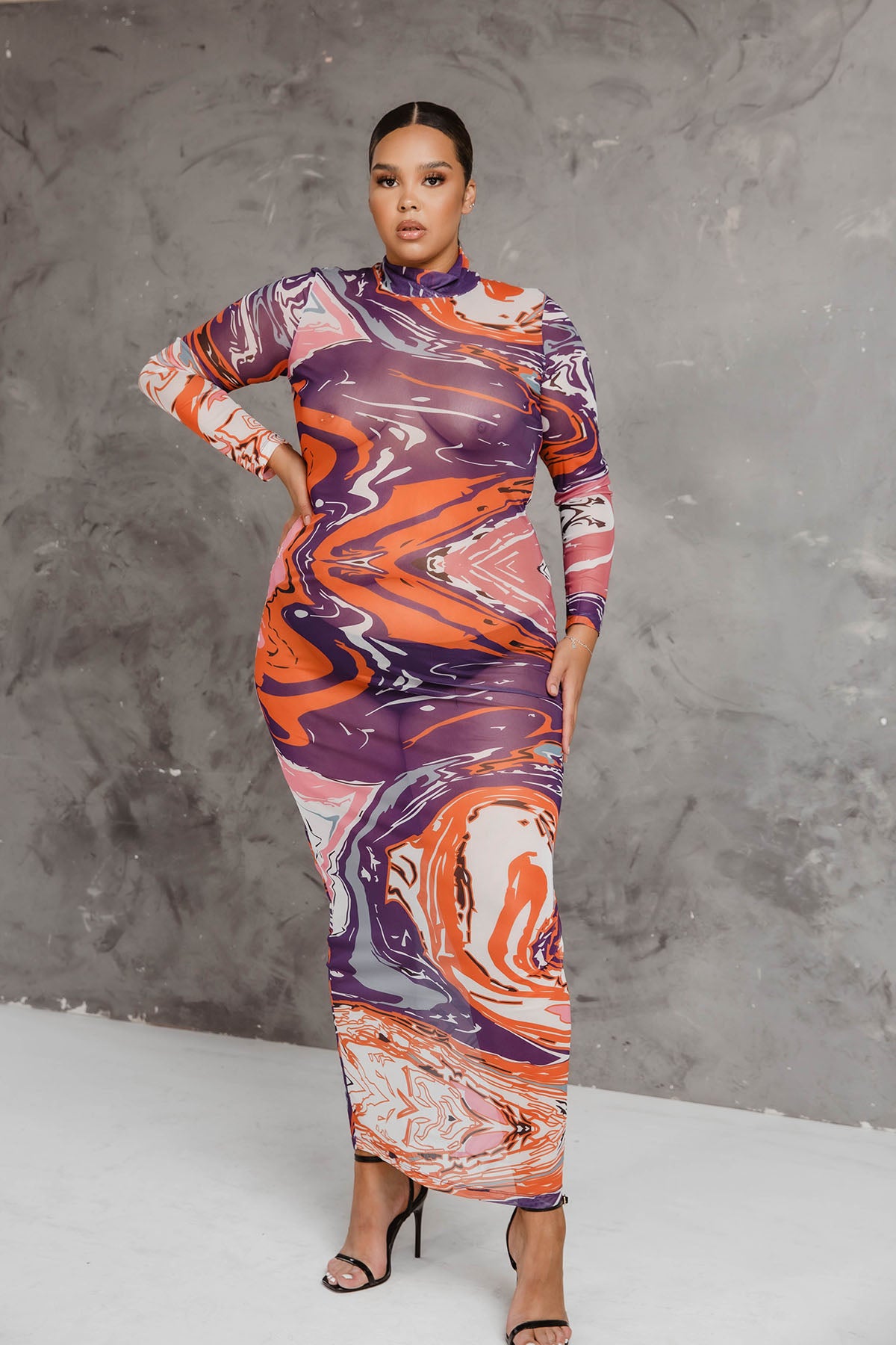 Gaia Long Sleeve Printed Mesh Dress ...